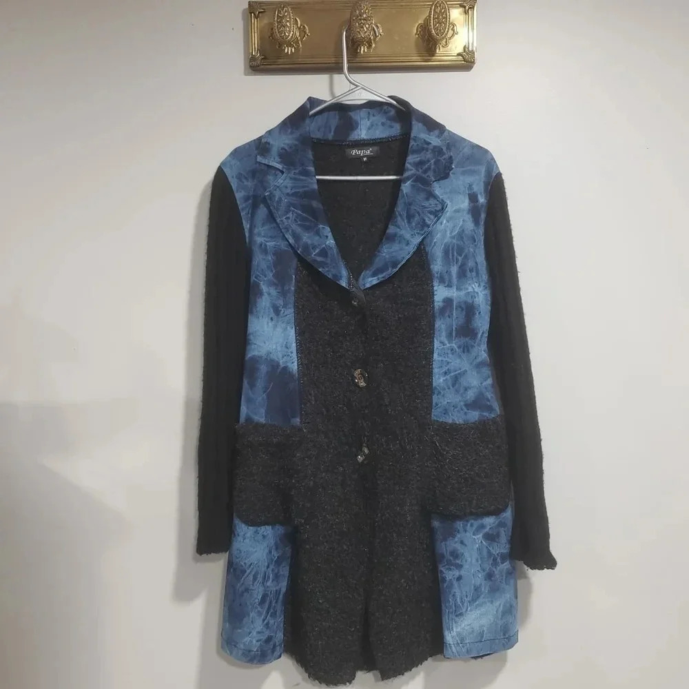 Papa Vancouver Womans  Long Blue/Black Button Down Sweater.